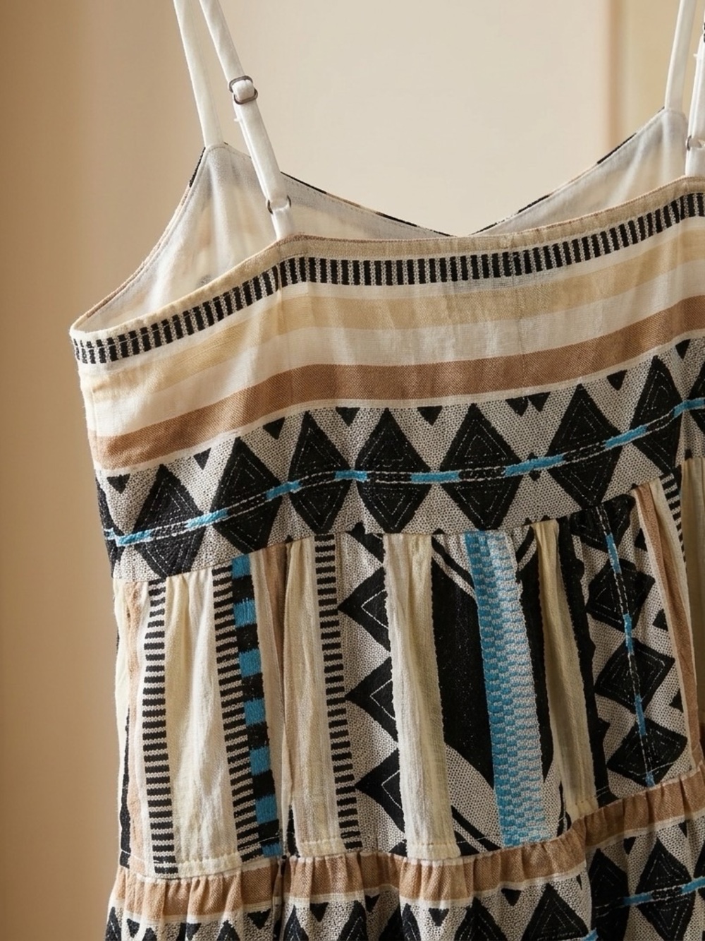 Elan Beige & Black Striped Geometric Midi Dress with Light Blue Accents - Picture 4 of 8